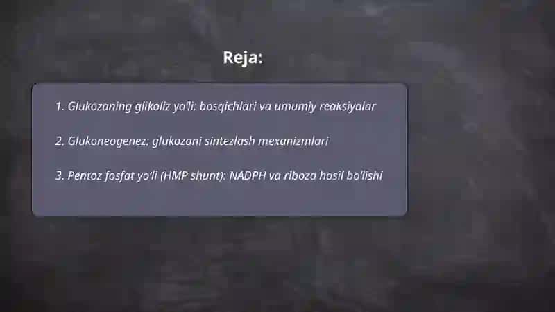 Glukozaning ayrim reaksiyalari. Metabolitik jarayonlarning asosiy yoʻllari 2