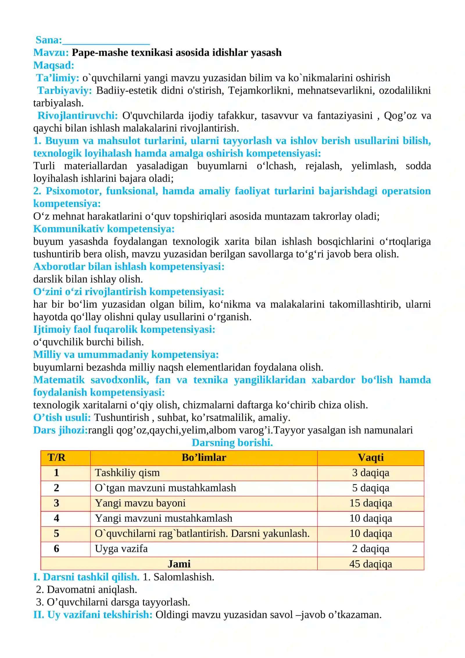 4-sinf Texnologiya Pape-mashe texnikasi asosida idishlar yasash dars ishlanmasi 2