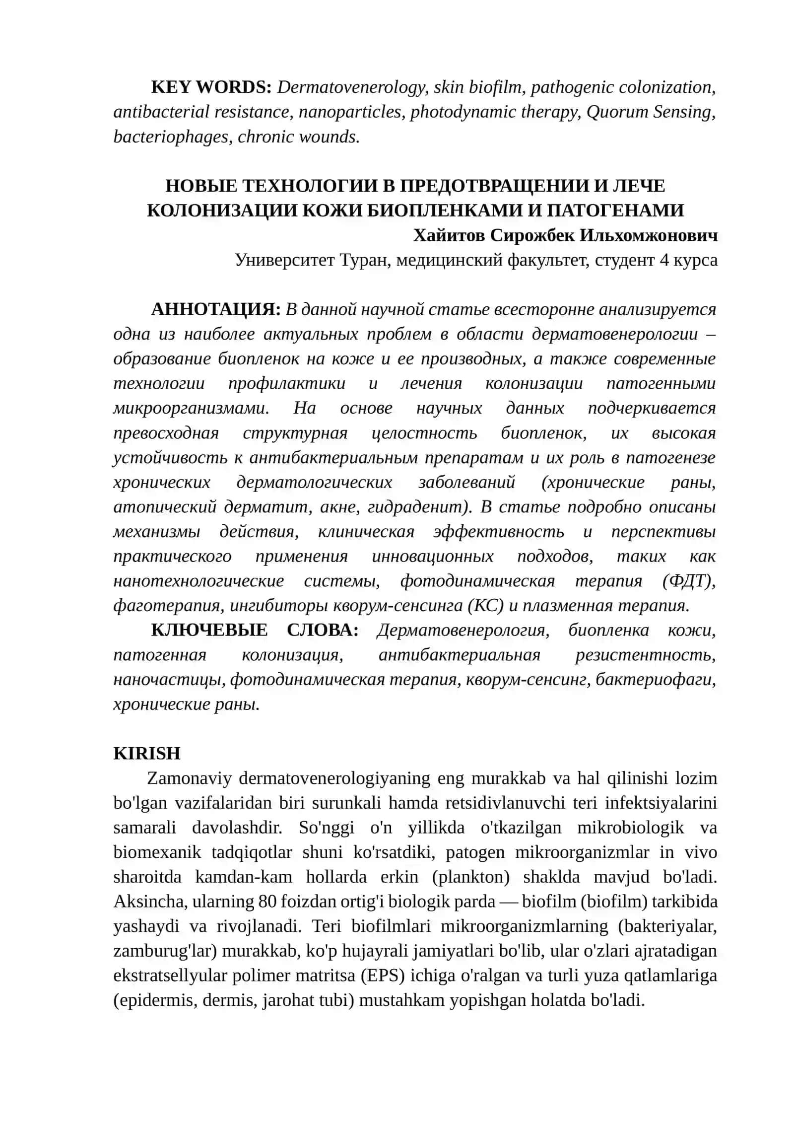 TERINING BIOFILM VA PATOGEN KOLONIZATSIYASINI OLDINI OLISH VA DAVOLASHDA YANGI TEXNOLOGIYALAR 2