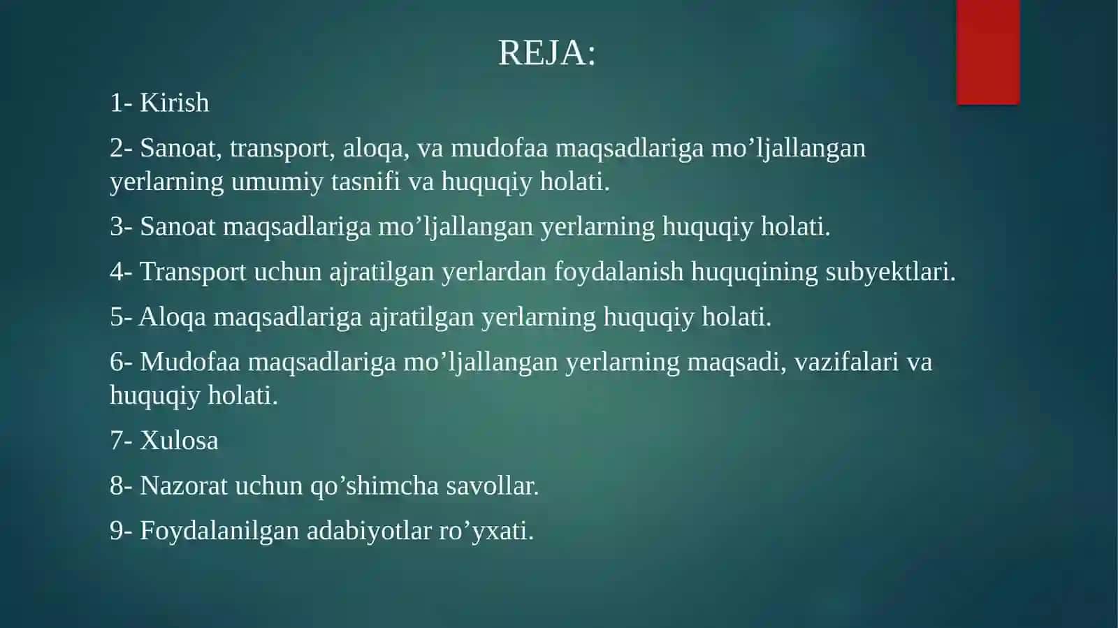 Sanoat, transport, aloqa va mudofaa maqsadlariga mo’ljallangan yerlarning huquqiy holati 2