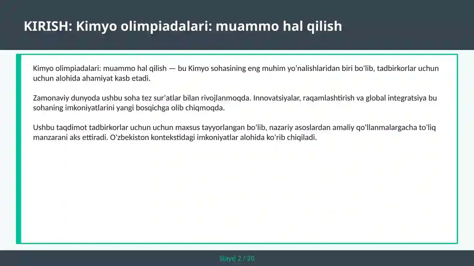 KIMYO OLIMPIADALARI: MUAMMO HAL QILISH 2