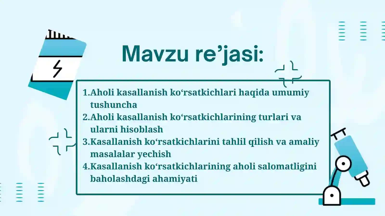 Aholi kasallanish ko‘rsatkichlari va ularni hisoblash bo’yicha masalalar yechish 2