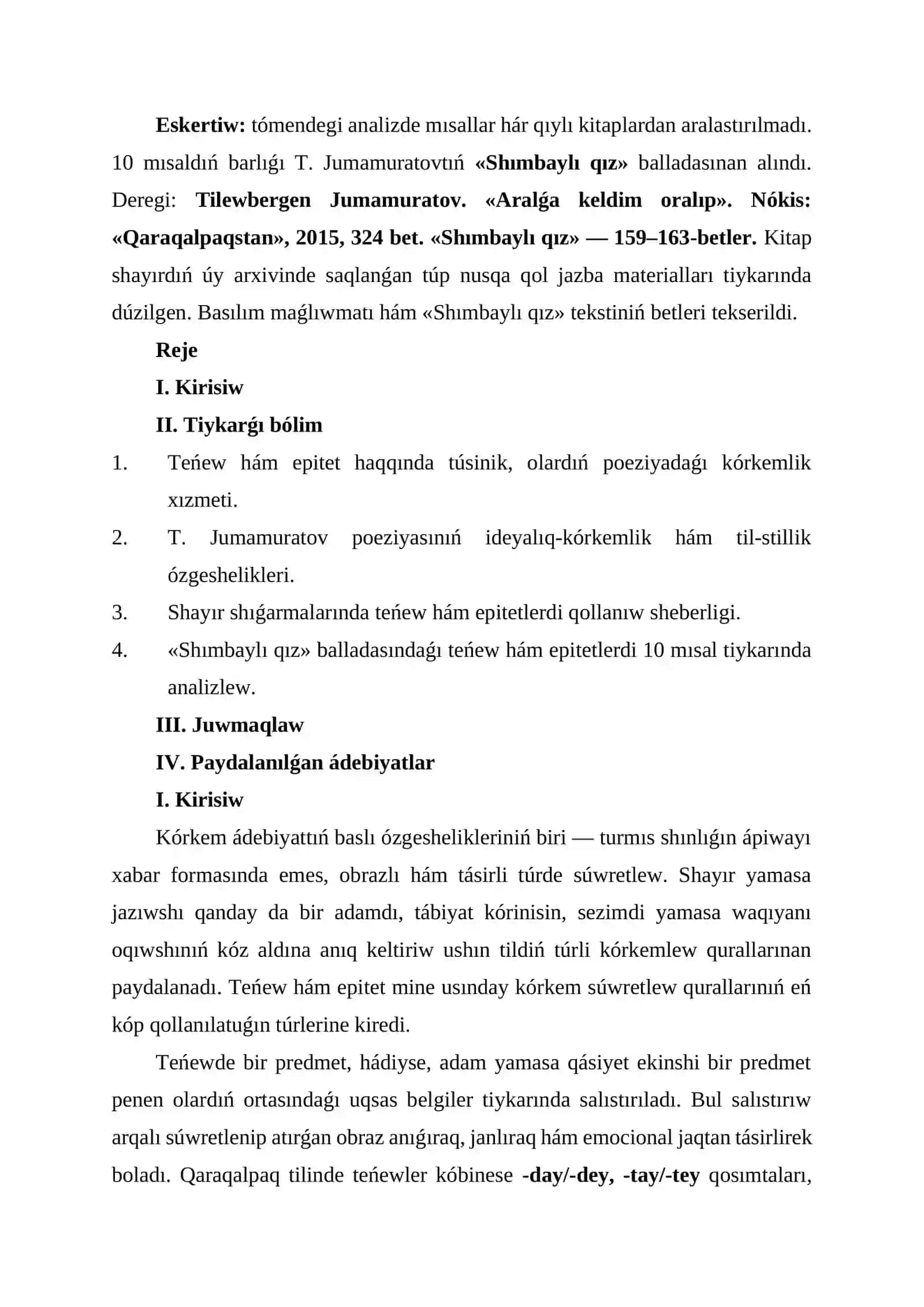 T. Jumamuratov poeziyasında teńew hám epitetlerdiń qollanılıwı 2