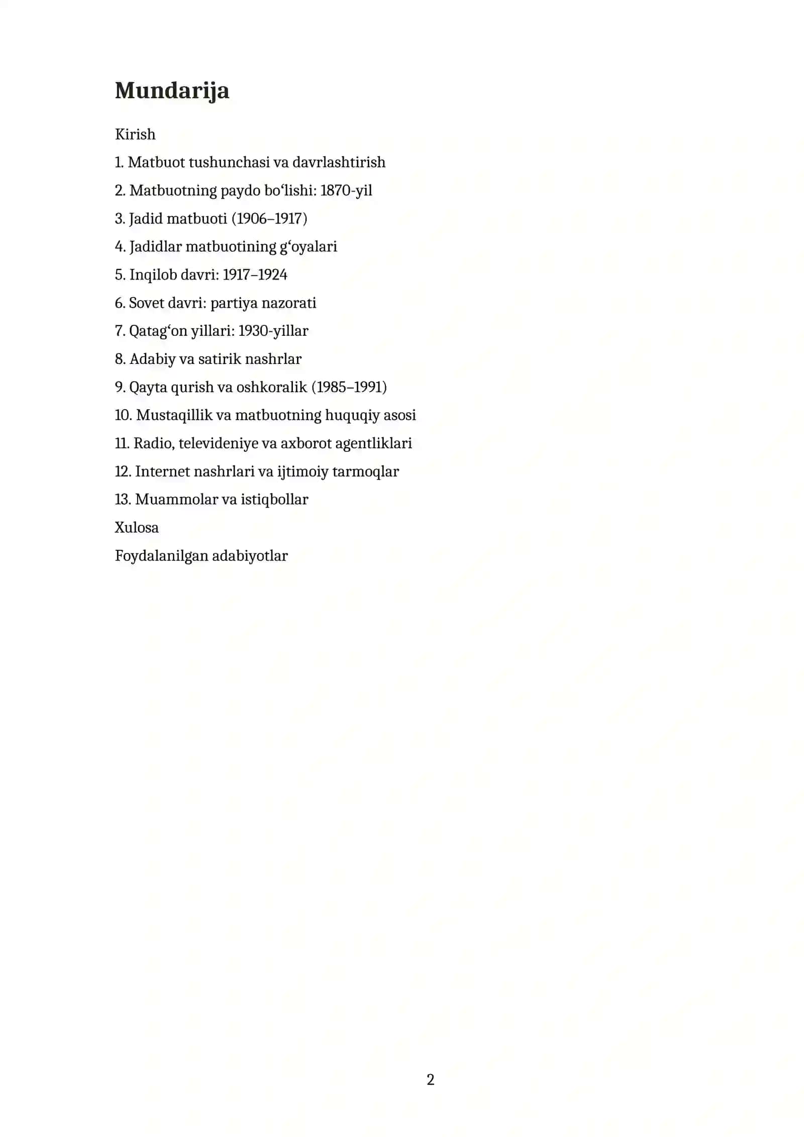 O‘ZBEKISTON RESPUBLIKASI JURNALISTIKA TARIXI BOʻYICHA MUSTAQIL ISH 2