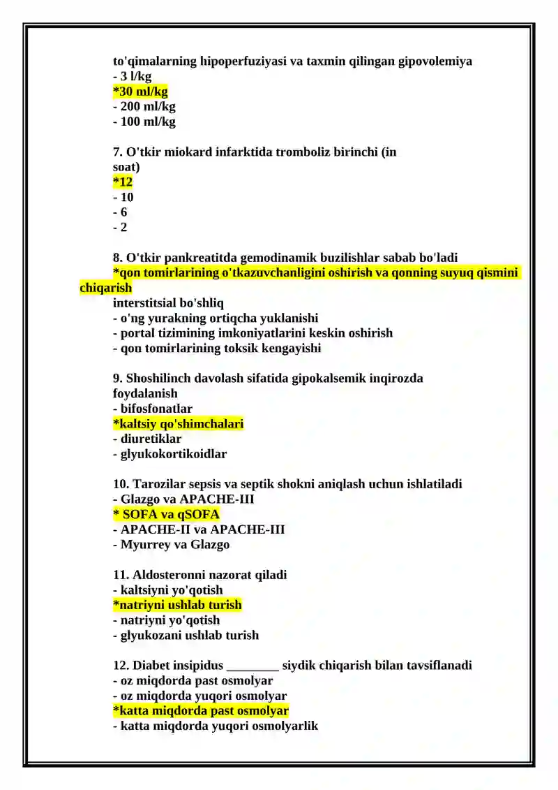 Anesteziologiya va reanimatologiya mutaxassisligi argos testlari to'liq 2