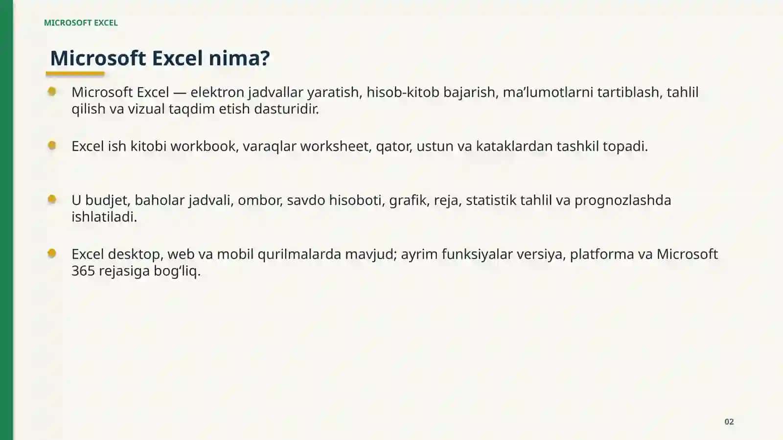 MICROSOFT EXCEL IMKONIYATLARI 2