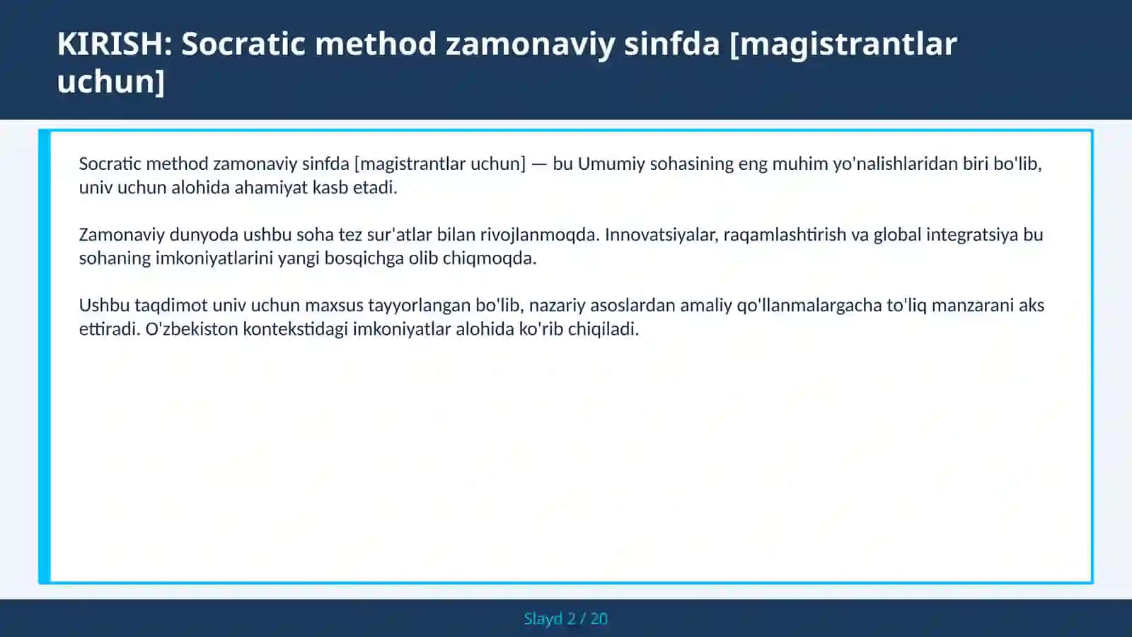 SOCRACTIC METHOD ZAMONAVIY SINFDA [MAGISTRANTLAR UCHUN] 2