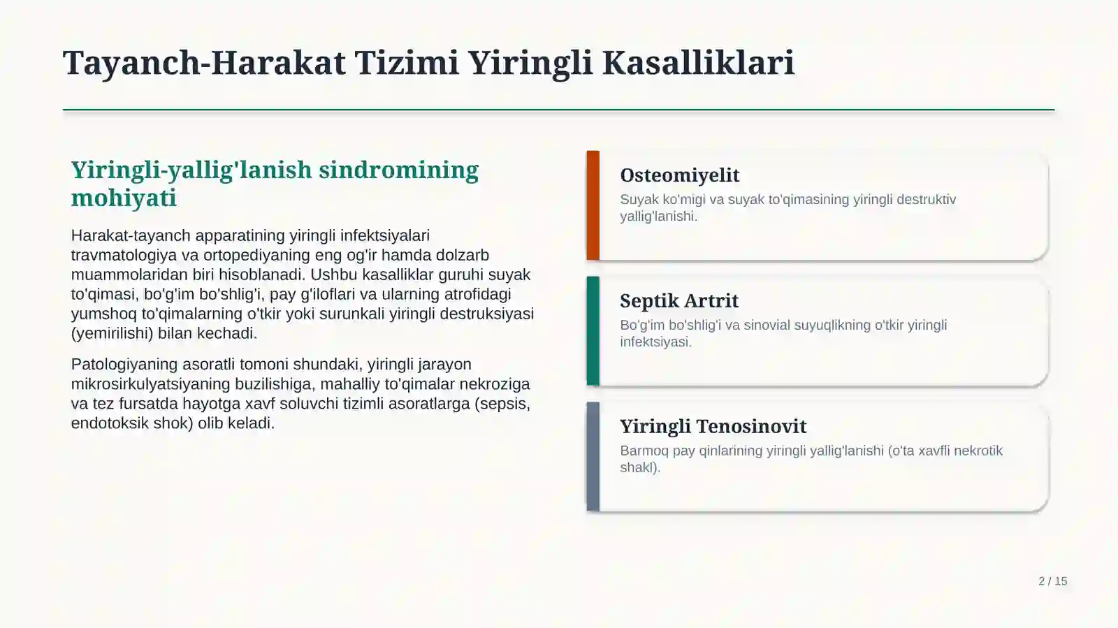 Harakat-tayanch tizimida yiringli kasalliklar sindromi | 15 slaydli tibbiy taqdimot 2