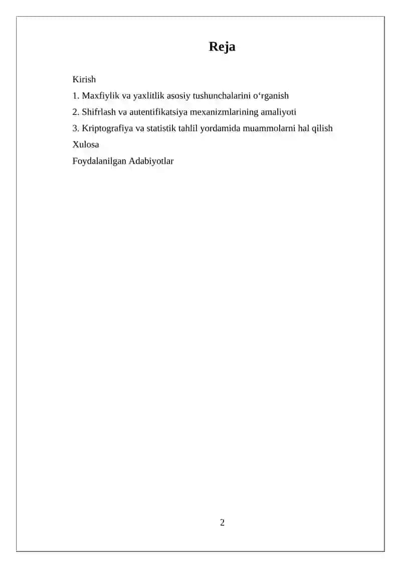 MUSTAQIL ISH MLS MODELIDA MAXFIYLIK VA YAXLITLIKNI BIRGALIKDA TA'MINLOVCHI ALGORITMLAR TAHLILI 2