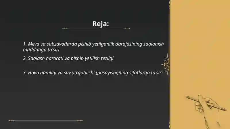 Mahsulotlarni pıshıb yetılganlık darajasını saqlash mudatını va sıfatını tasırını örganısh 2