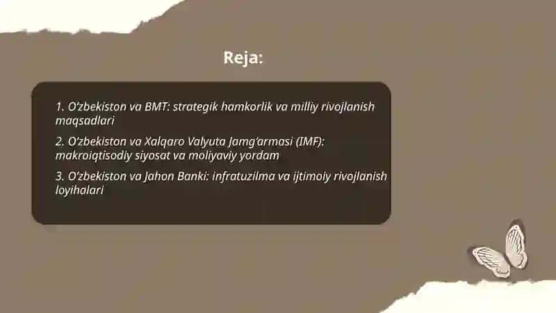 O‘zbekistonning xalqaro tashkilotlar bilan hamkorlik aloqalari 2