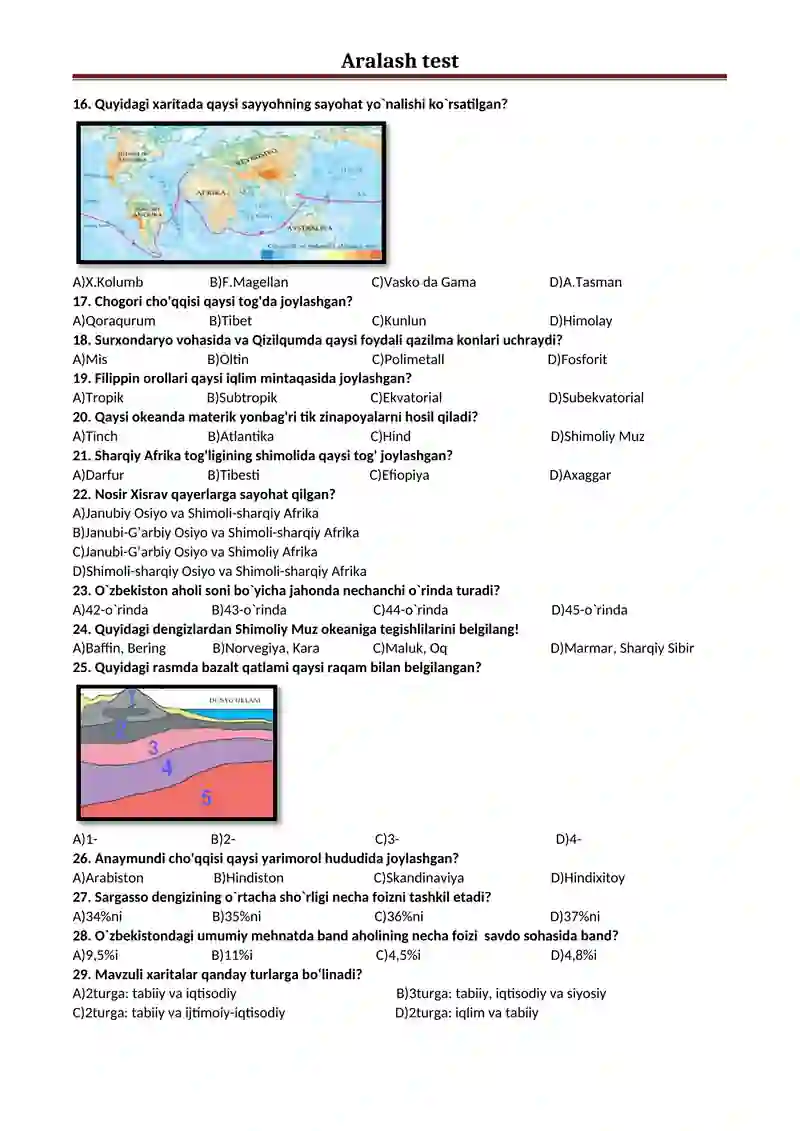 Geografiya fanidan aralash test. 2