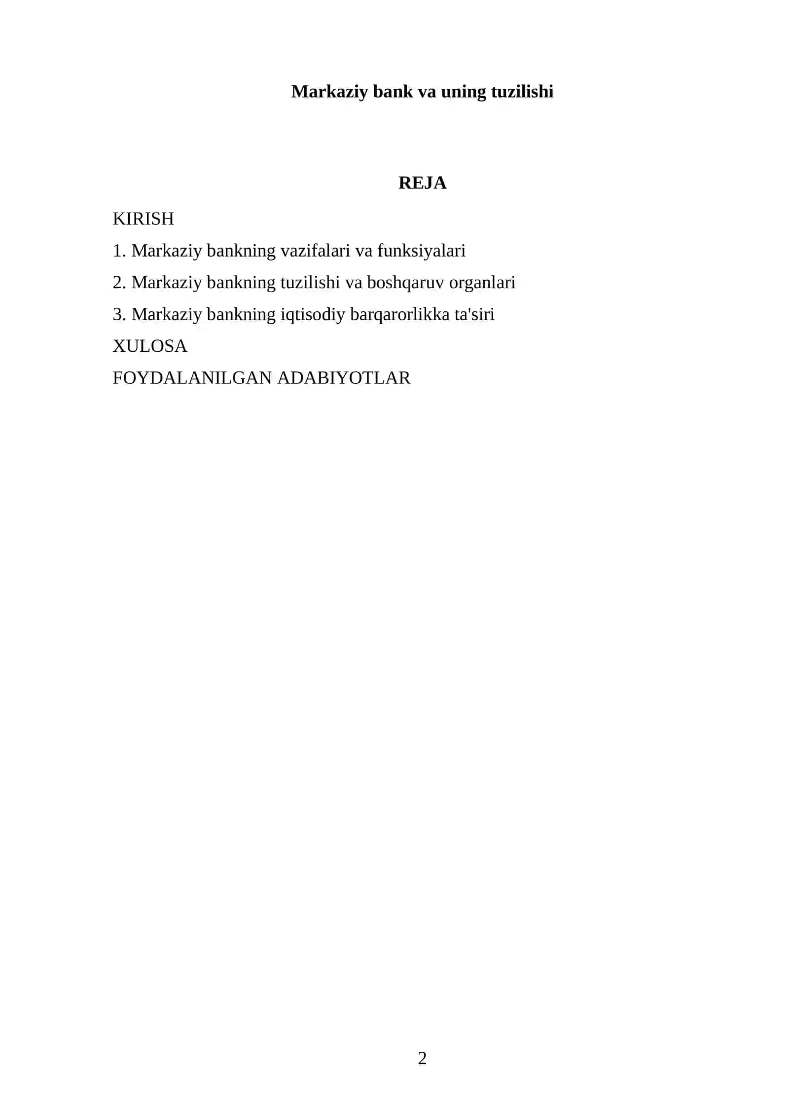 Referat: Markaziy bank va uning tuzilishi 2