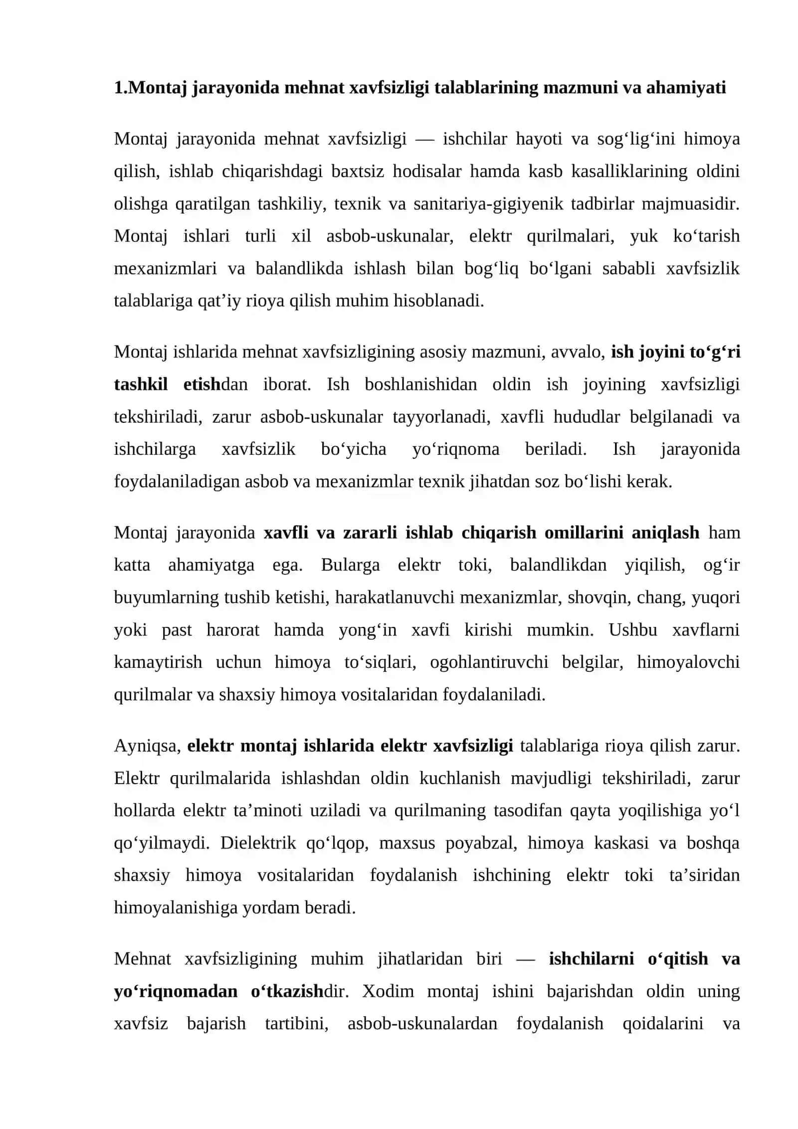 Montaj jarayonida mehnat xavfsizligi talablarini bajarish va nazorat qilish. 2