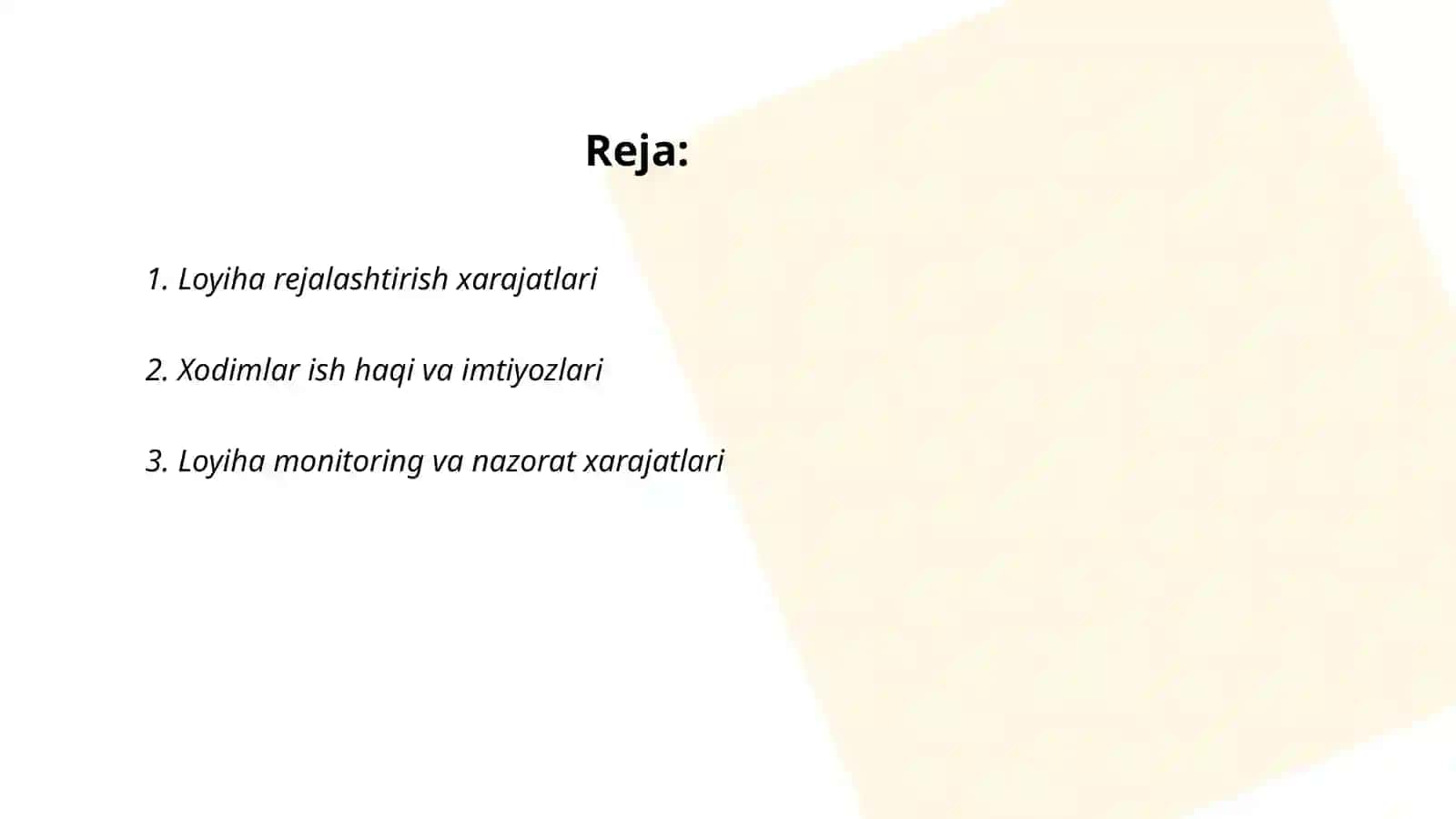 Loyiha rejalashtirish xarajatlari 2