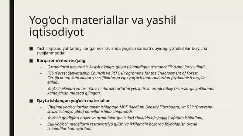 Yashil iqtisodiyotga asoslangan yog'och materiallar va buyumlar 2