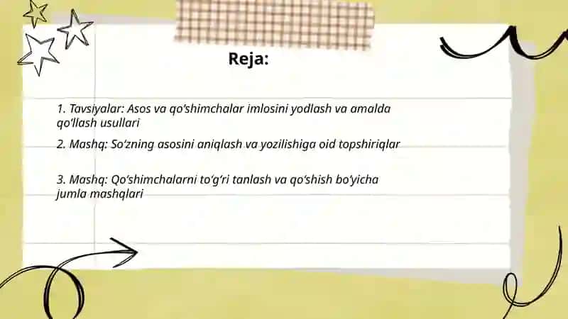 Asos va qoʻshimchalar imlosini amalda qoʻllash boʻyicha tavsiyalar va mashqlar 2