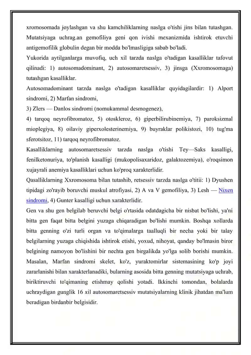 INSONDA GENLAR TUZILISHI VA VAZIFALARI. MONOGEN KASALLIKLAR 2