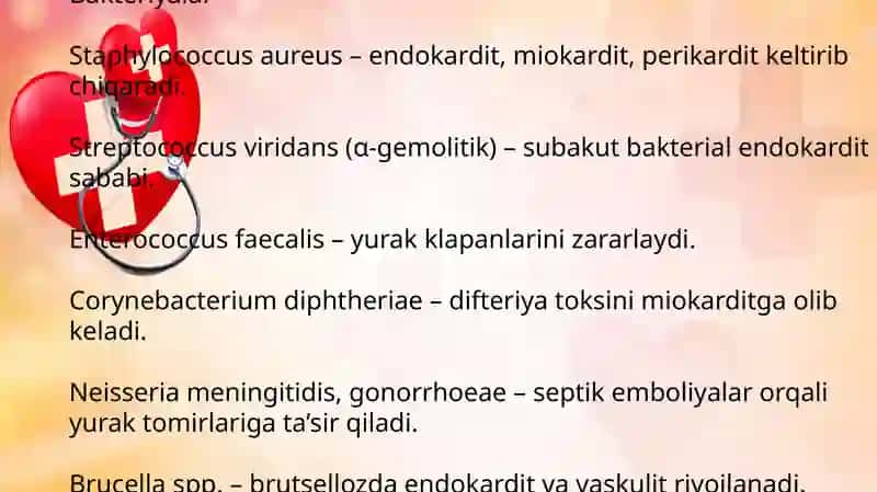 Yurak qon tomir sistemasiga taʼsir etuvchi mikoorganizmlar, patogenezi,labaratoriya tekshiruvi 2