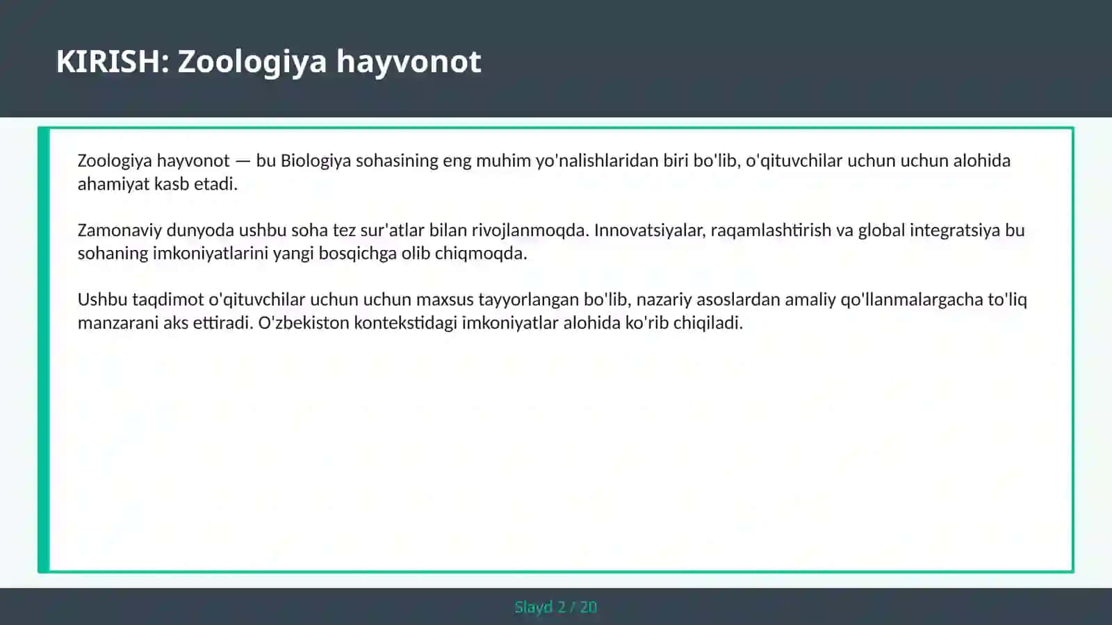 Zoologiya hayvonot - Umurtqalilar tasnif - o'qituvchilar uchun 2