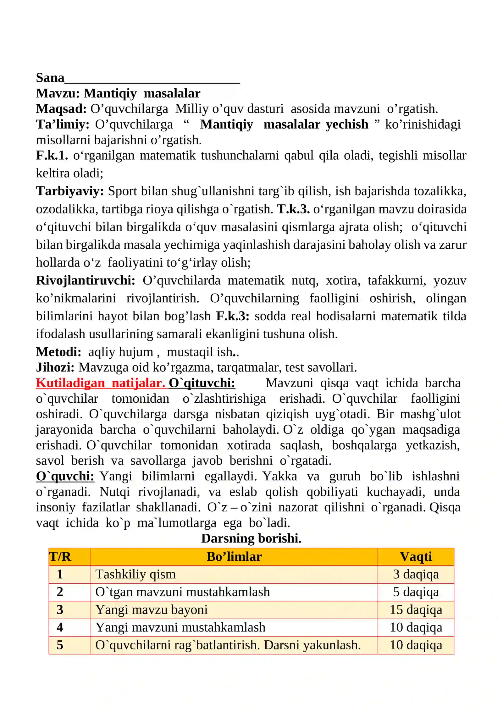 Mantiqiy masalalar 1-sinflar uchun Matematika fanidan dars ishlanmasi 2