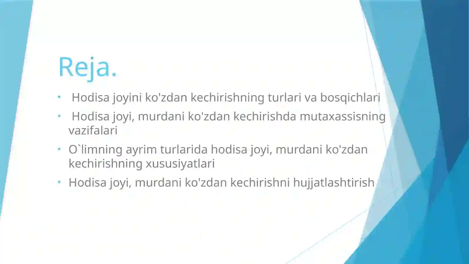 Hodisa sodir bo`lgan va murda topilgan joyni ko`zdan kechirish. 2