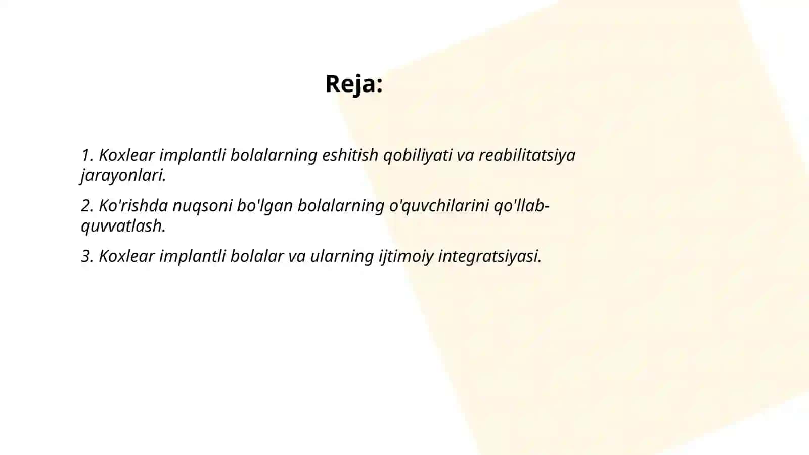 Koxlear implantli bolalar.Ko'rishda nuqsoni bo'lgan bolalar.Ko'rishda nuqsoni bor boolalarni ta'lim tarbiyasi 2