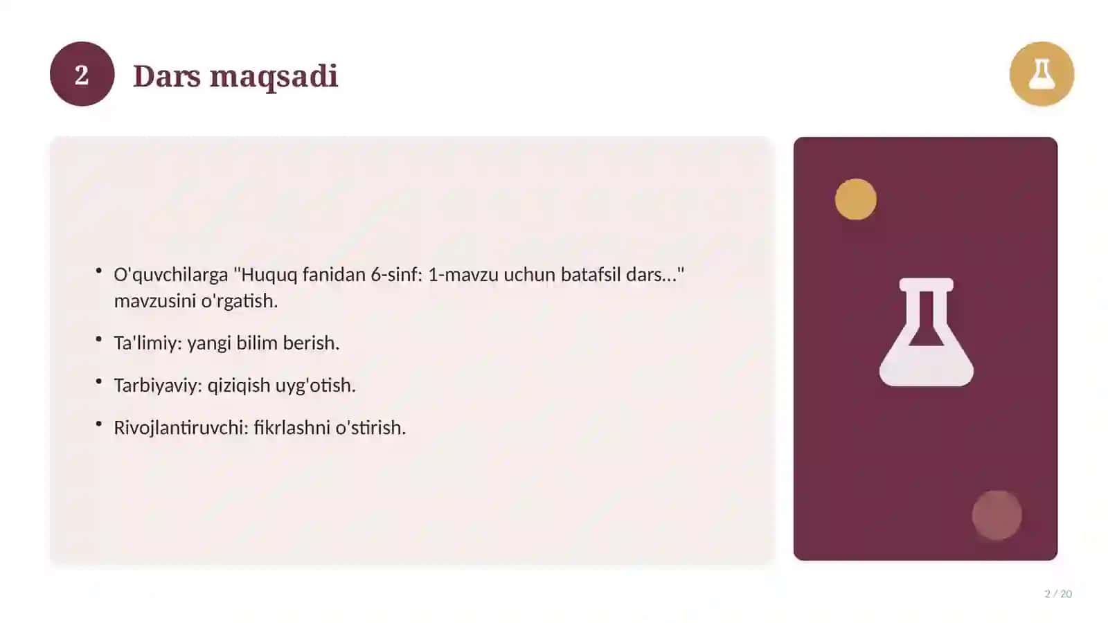 Huquq fanidan 6-sinf: 1-mavzu uchun batafsil dars ishlanmasi 2