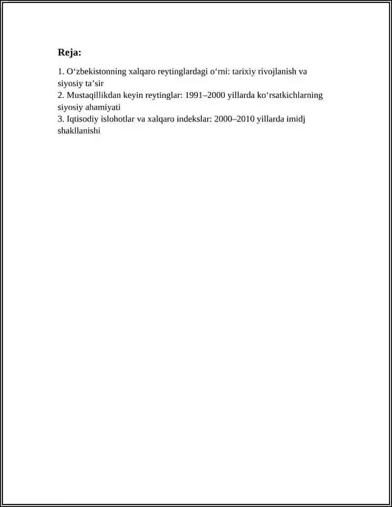 O‘zbekistonda xalqaro reytinglaridagi koʻrsatkichlarini koʻrsatishning tarixiy va siyosiy ahamiyati 2