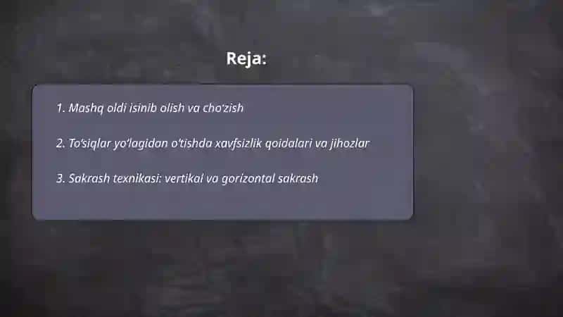 To‘siqlar yo‘lagidan o‘tish mashqini bajarish 2