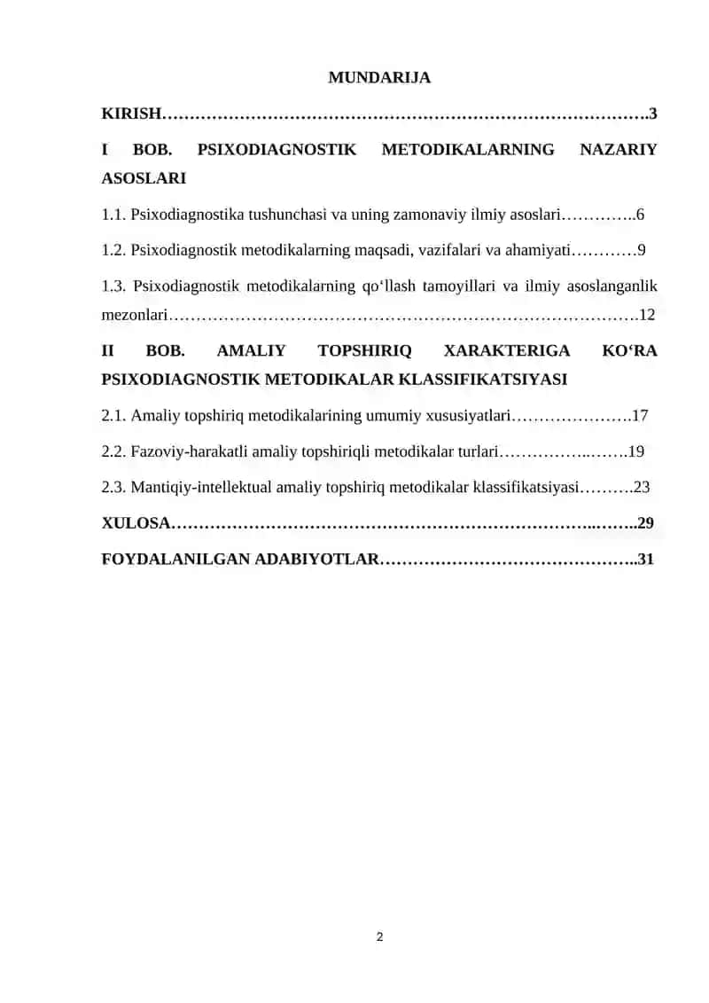 Amaliy topshiriq xarakteriga ko'ra psixadiognostik metodikalar klasfikatsiyasi 2