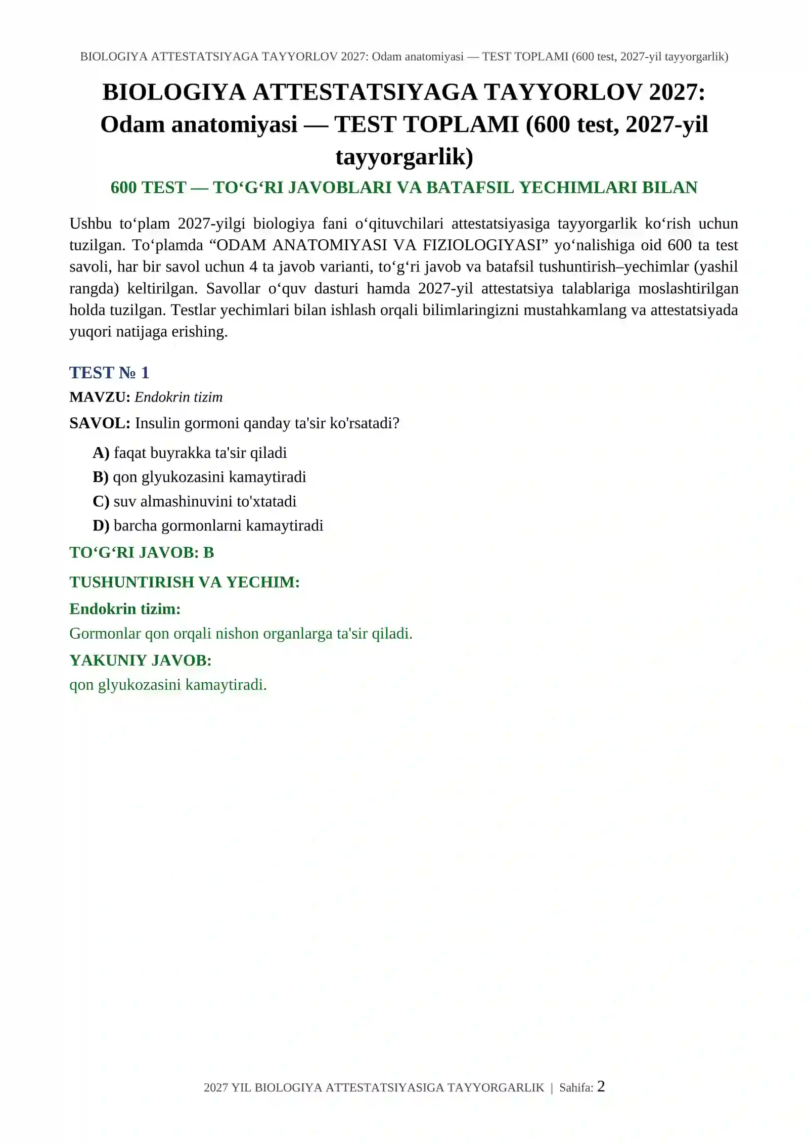 BIOLOGIYA ATTESTATSIYAGA TAYYORLOV 2027: Odam anatomiyasi — TEST TOPLAMI (600 test, 2027-yil tayyorgarlik) 2