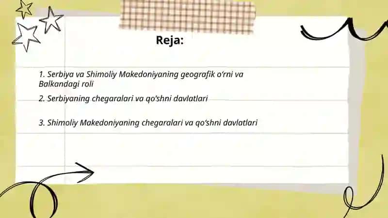Serbia va Shimoliy Makedoniya mamlakatlari geografik oʻrni chegaralari Yalpi Ichki Mahsuloti Aholisi 2