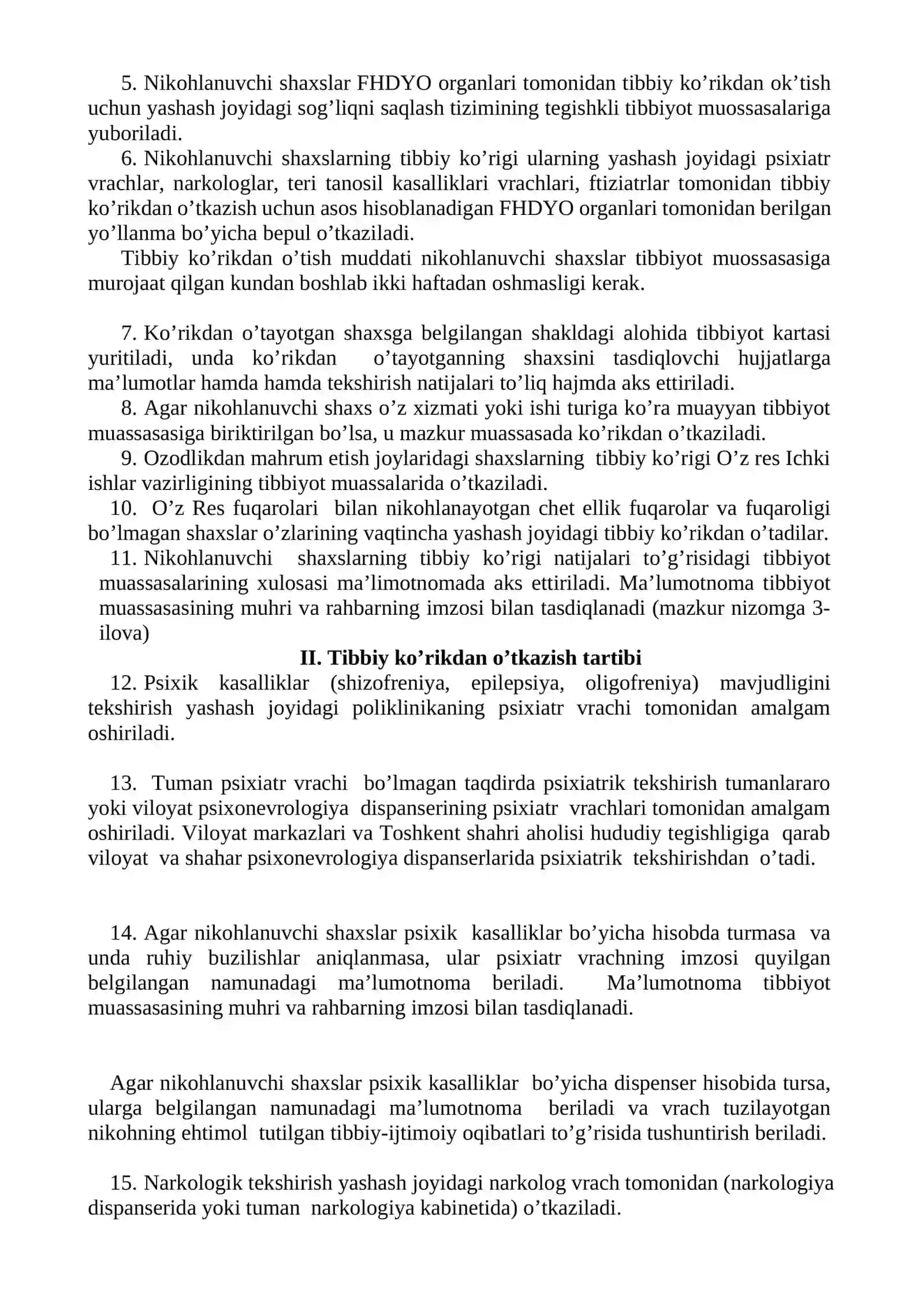 Nikohlanuvchi shaxslarni tibbiy ko’rikdan o’tkazish to’g’risidagi Nizomni tasdiqlash haqida 2