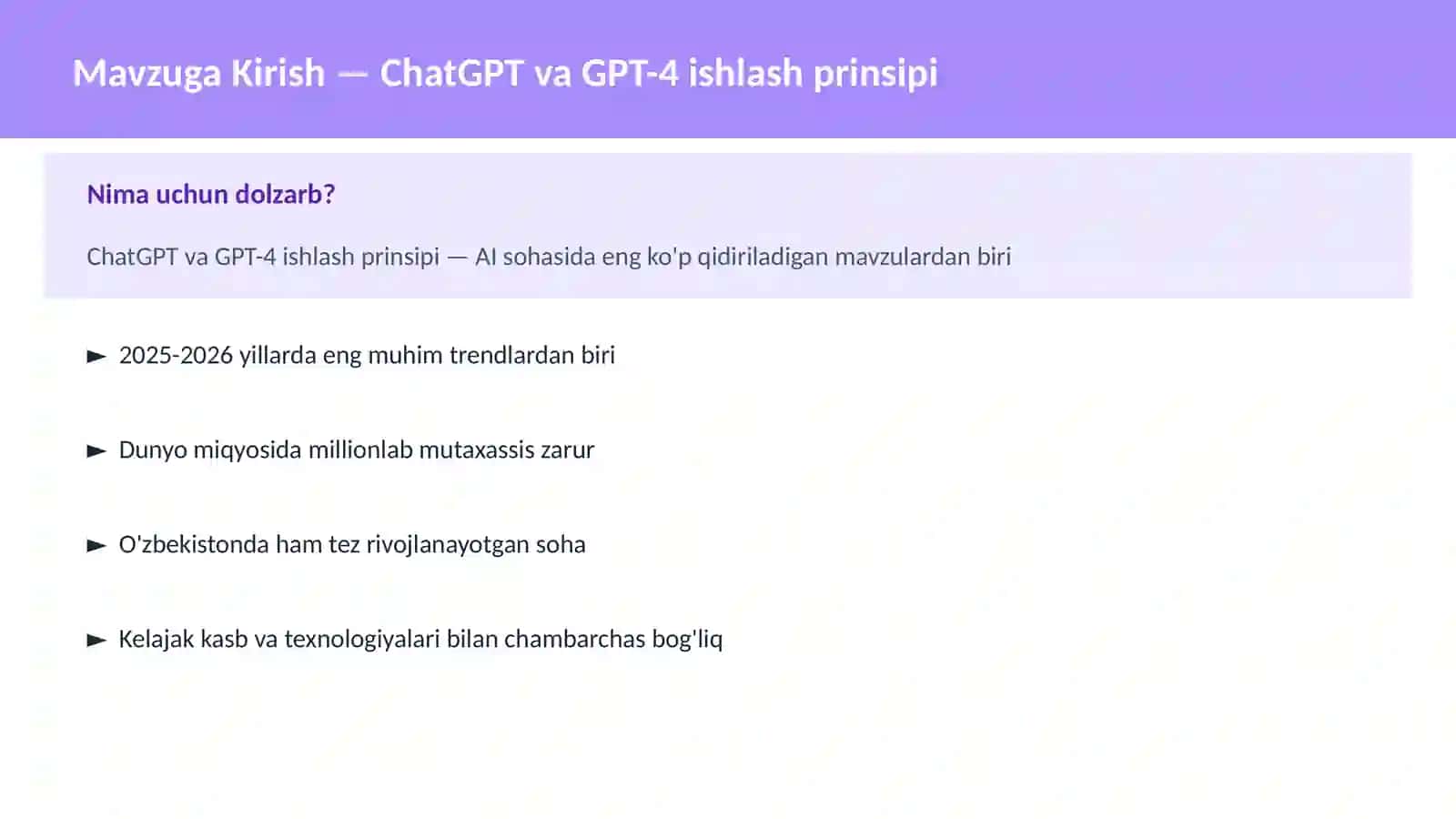 Mavzuga Kirish — ChatGPT va GPT-4 ishlash prinsipi 2