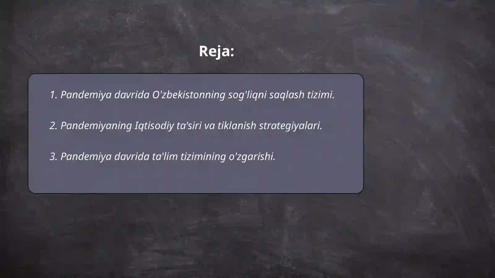 Pandemiya - XXI asrning global muammosi va uning oqibatlari 2