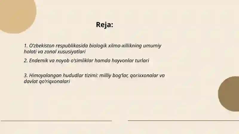 Oʻzbekiston respublikasida biologik xilma-xillik va ularni muhofaza qilish 2