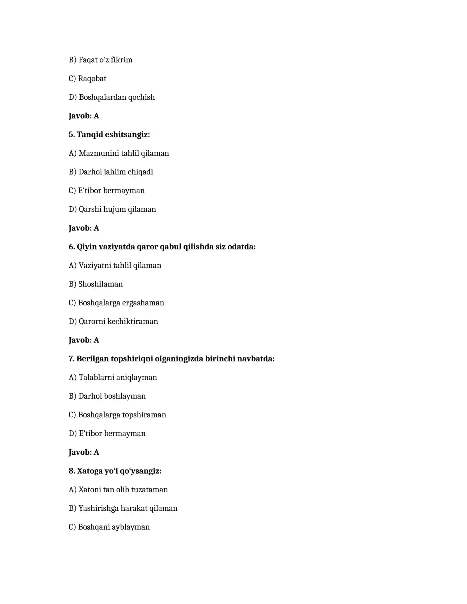 Ichki ishlar tizimiga kiruvchilar uchun psixologik testlar to'plami 2