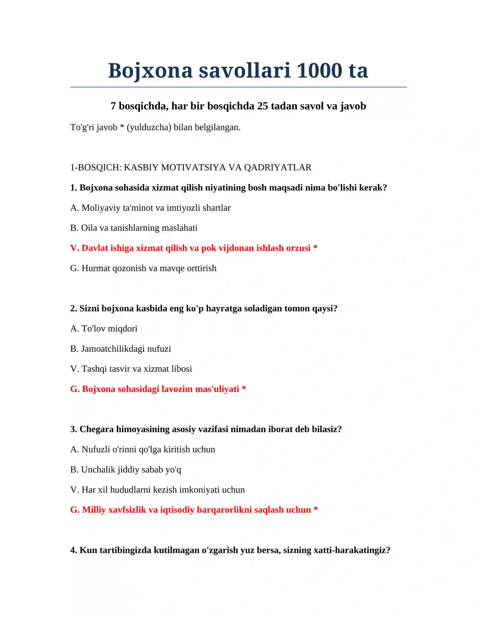 Bojxona savollari 1000 ta 2