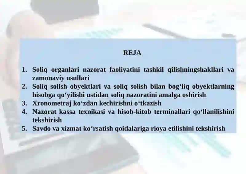 SOLIQ TEKSHIRUVLARI.DAVLAT SOLIQ ORGANLARIAMALGA OCHIRADIGAN NAZORATTADBIRLARI 2