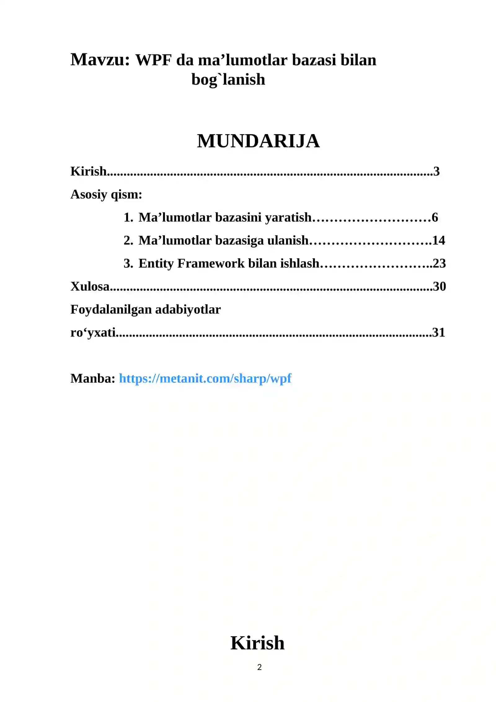 WPF da ma’lumotlar bazasi bilan bog`lanish 2
