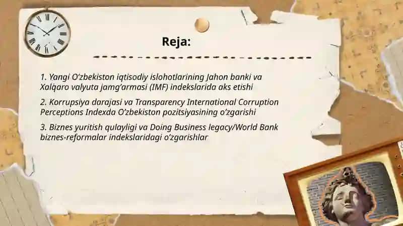Yangi Oʼzbekiston ijtimoiy siyosiy, iqtisodiy va madaniy hayotida roʼy bergan oʼzgarishlarning xalqaro reyting va indekslarda aks etishi 2