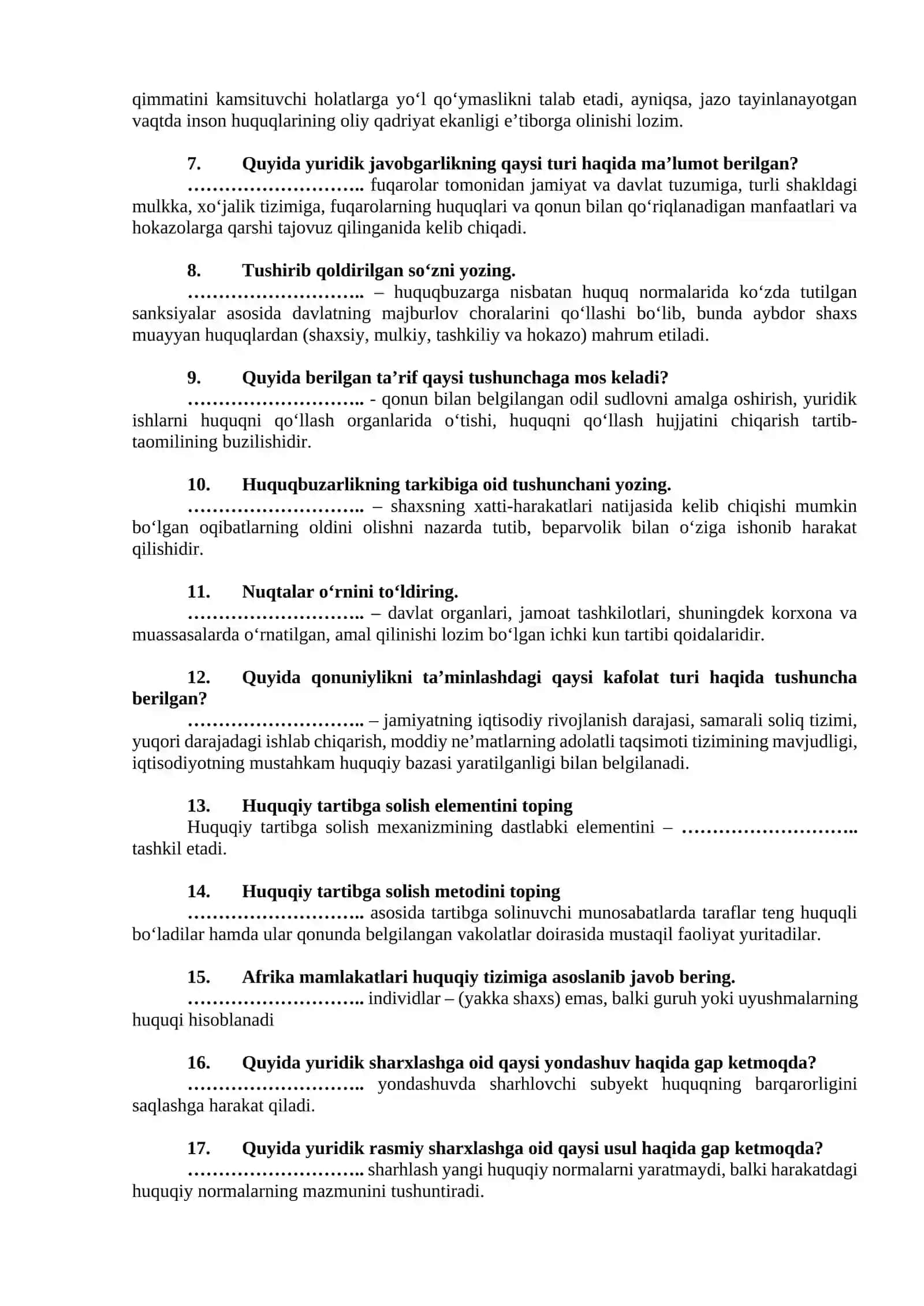 Davlat va huquq nazariyasidan yakuniy nazorat savollari 2