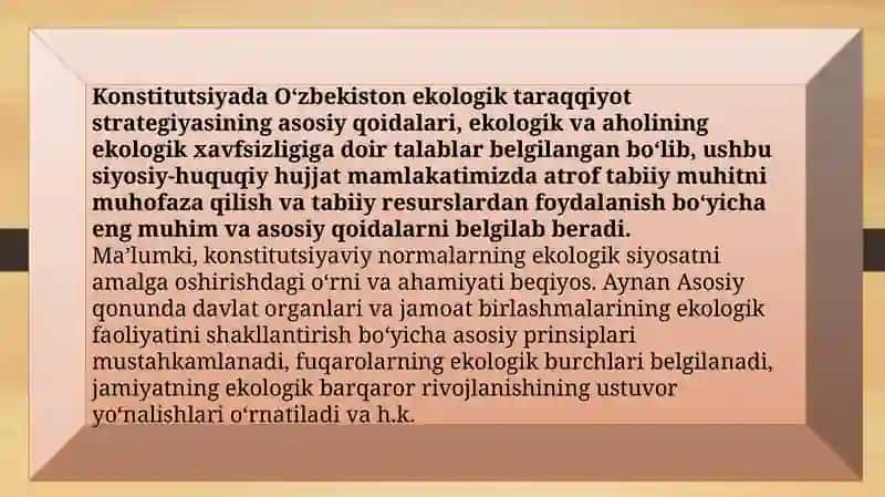 EKOLOGIYA HUQUQINING MAXSUS MANBASI SIFATIDA O'ZBEKISTON RESPUBLIKASI QONUNLARI SIFATIDA 2