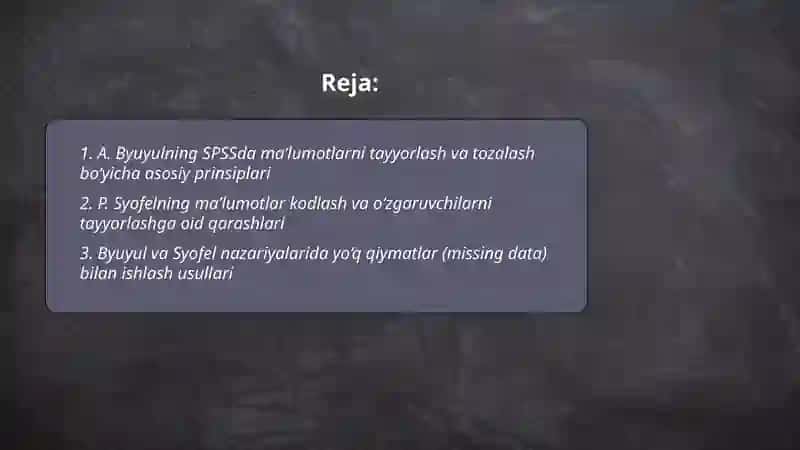 SPSSda maʼlumotlarni qayta ishlash sanʼati boʻyicha A.Byuyul va P.Syofelning qarashlarini tahlil qilish 2