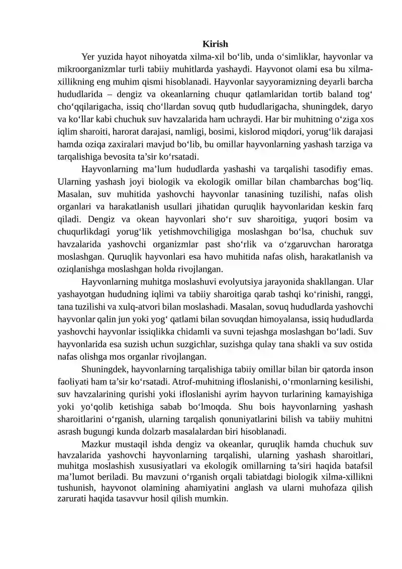 Dengiz, okean, quruqlik va chuchuk suv havzalarida hayvonlarning tarqalishi hamda yashash sharoitlari 2