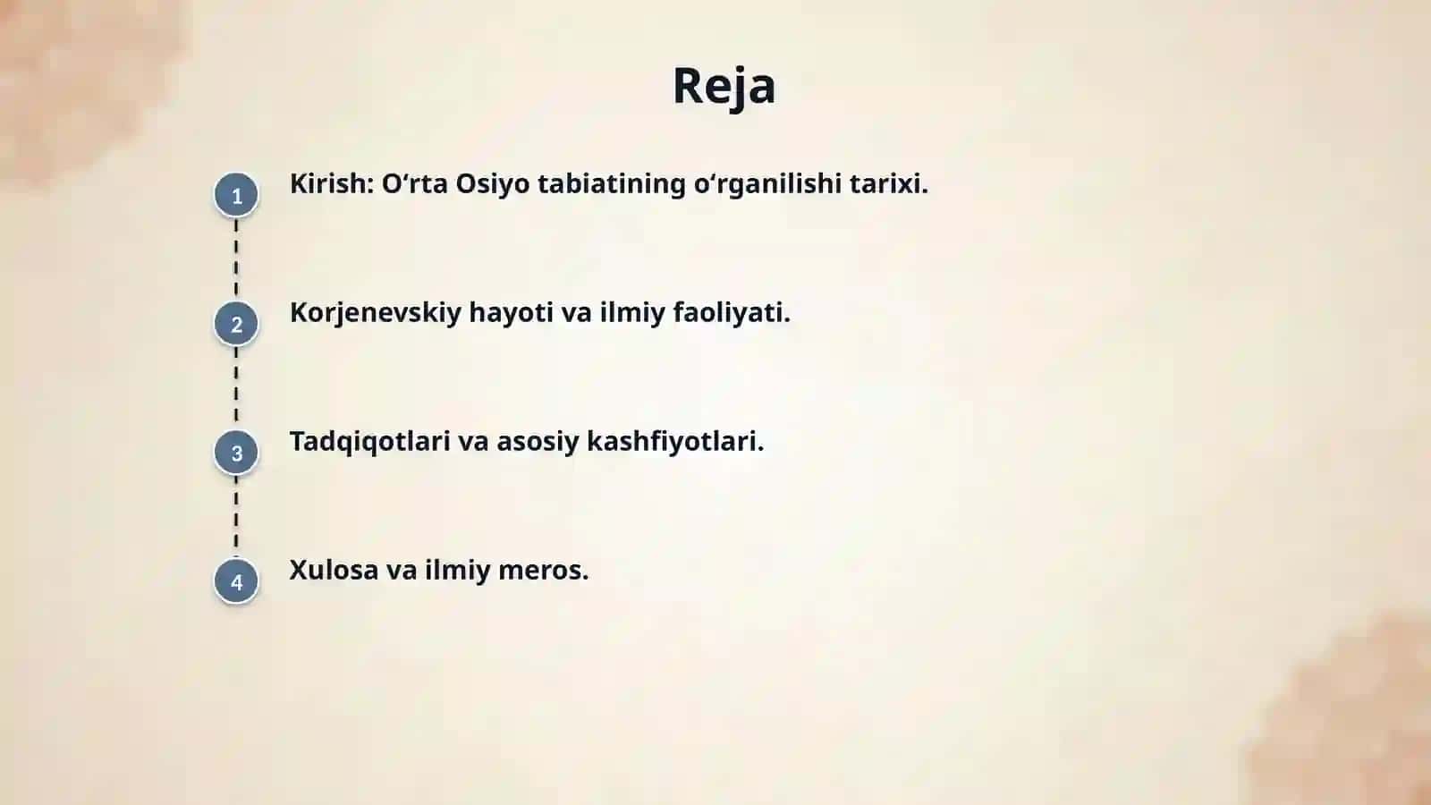 Oʻrta Osiyo tabiatini oʻrganishga hissa qoʻshgan olimlar haqida prezintatsiya tayyorlash. Shu jumladan men tanlagan olim Korjenevskiy 2