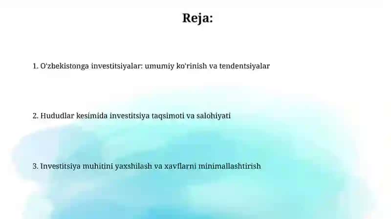 O'zbekistonga kiritilayotgan investitsiyalar va ularning hududiy tarkibi 2