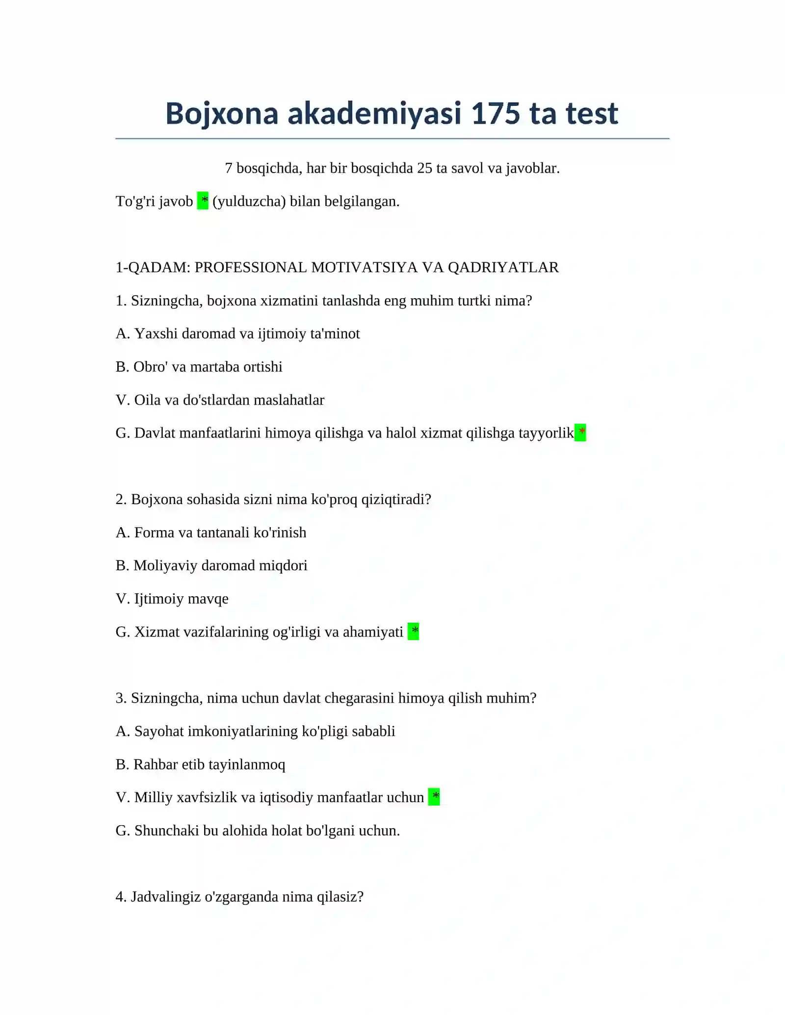 Bojxona akademiyasi 175 ta test 2