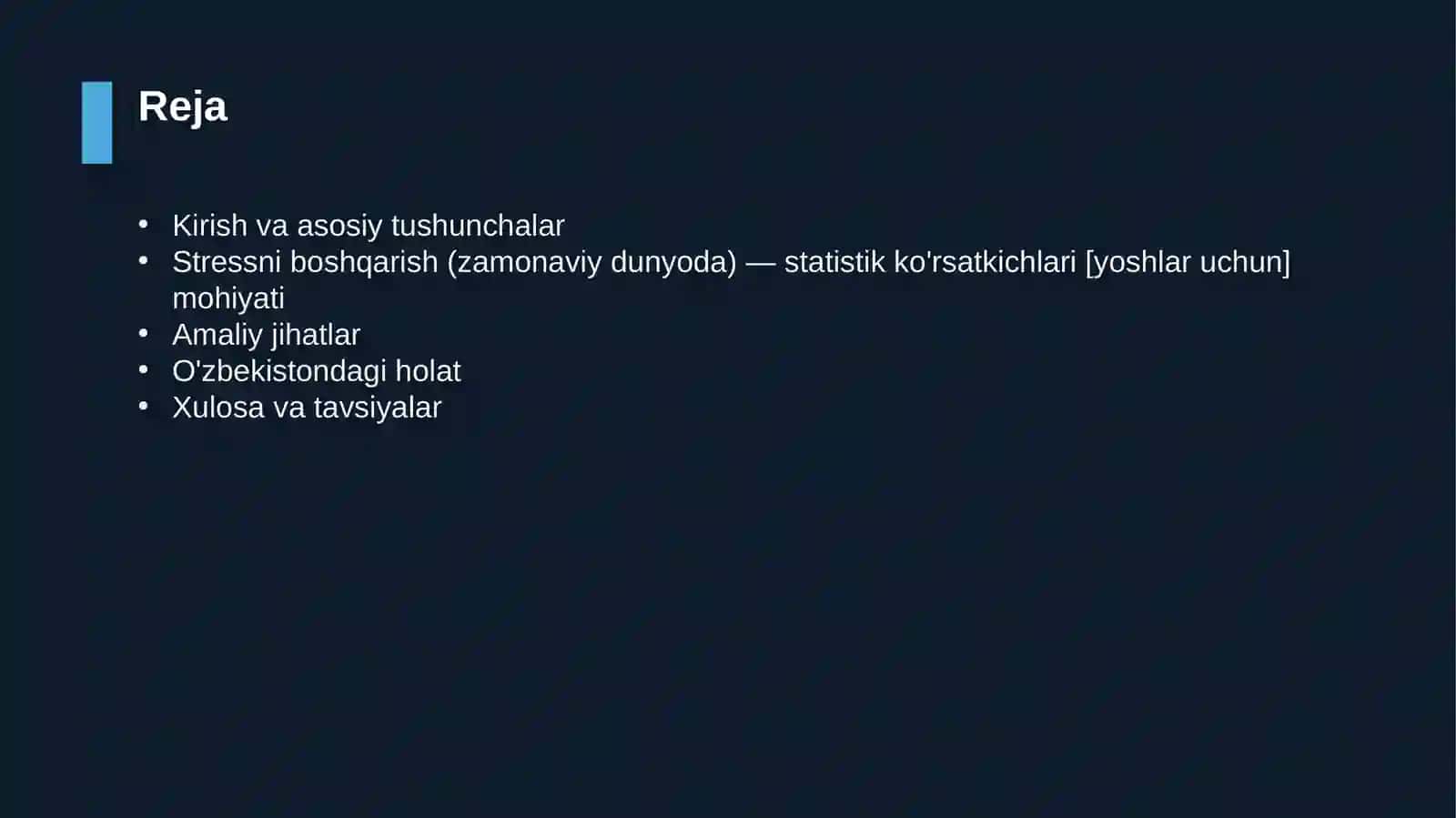 Stressni boshqarish (zamonaviy dunyoda) — statistik ko'rsatkichlari [yoshlar uchun] 2